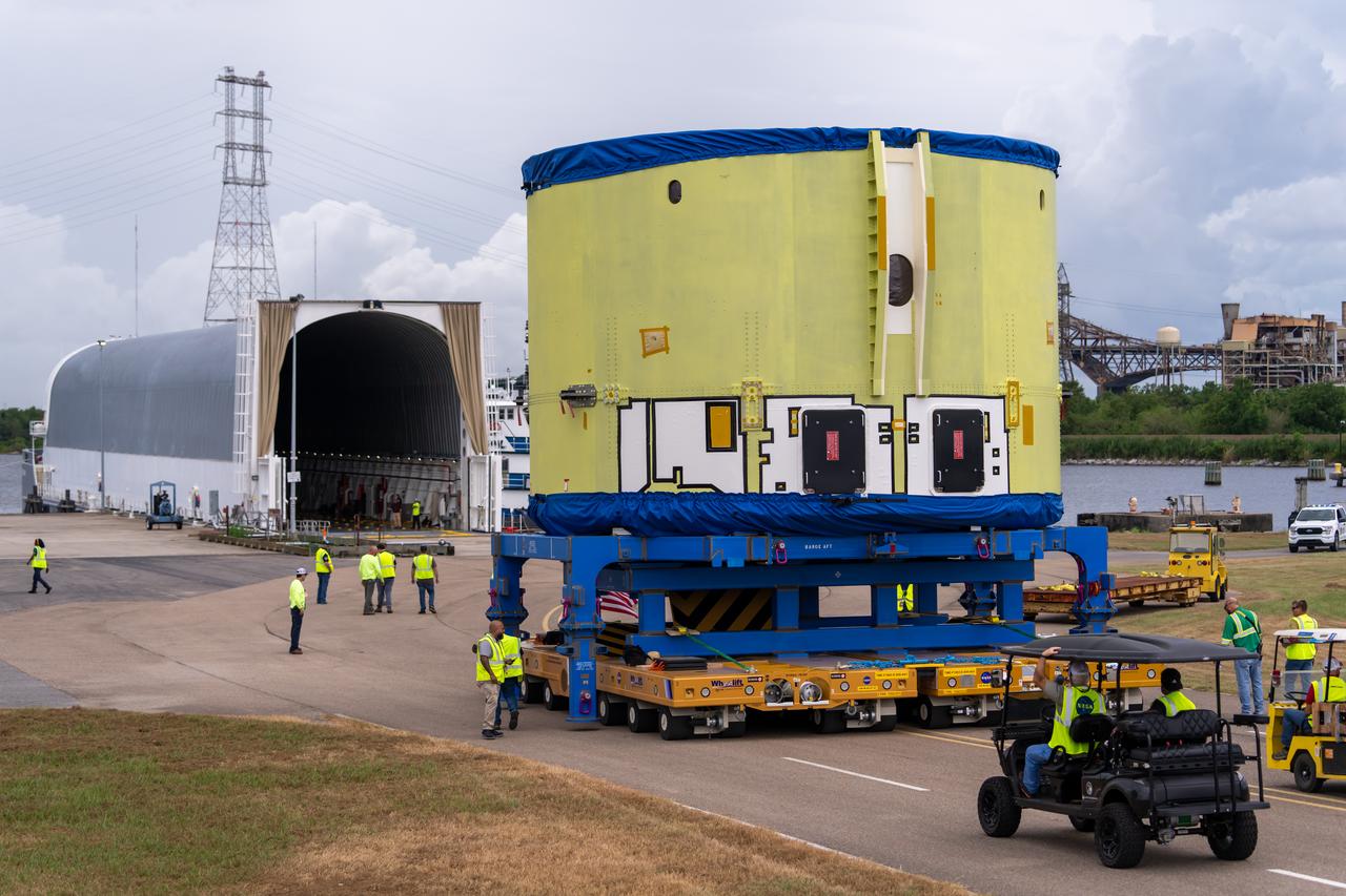 These photos and videos show teams at NASA’s Michoud Assembly Facility in New Orleans preparing, moving, and loading the engine section of a future SLS (Space Launch System) rocket to NASA’s Pegasus barge Aug. 28. The hardware will form the bottom-most section of the SLS core stage that will power NASA’s Artemis IV mission, which will be the first mission to the Gateway space station in lunar orbit under the Artemis campaign. The barge will transport the spaceflight hardware to NASA’s Kennedy Space Center in Florida via the agency’s Pegasus barge. Once in Florida, the engine section will undergo final outfitting inside Kennedy’s Space Station Processing Facility. 